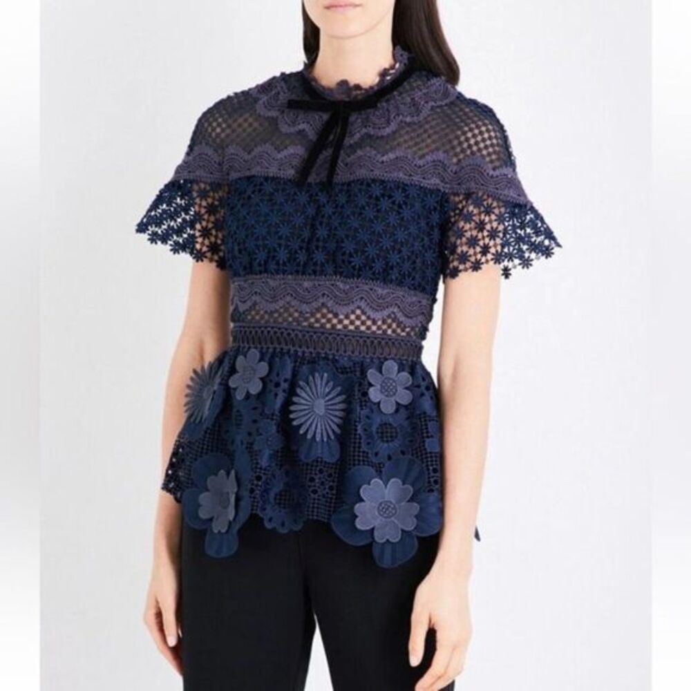 Self-Portrait 3d Floral Guipure Lace Top in Blue Size 4 NWOT